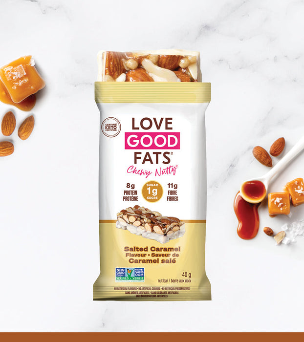Love Good Fats Salted Caramel Flavour Chewy Nutty Bar Case - Keto, Gluten Free, Plant Base. 12X40g