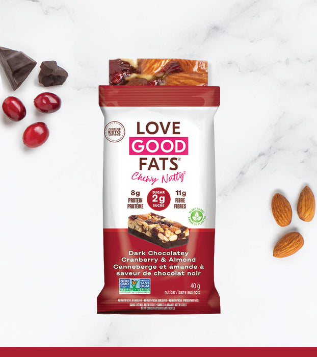 Love Good Fats Dark Chocolatey Cranberry & Almond Chewy Nutty Bars Case - Keto, Gluten Free, Plant Based. 12X40g