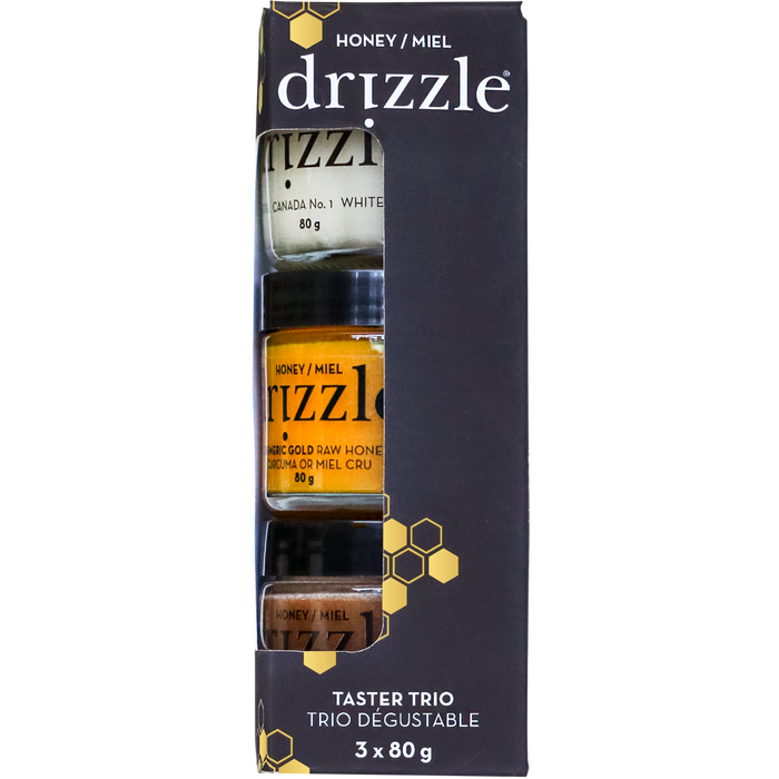Drizzle Honey Taster Trio - White Raw, Turmeric Gold Raw, Cinnamon Spiced Raw 3x80g