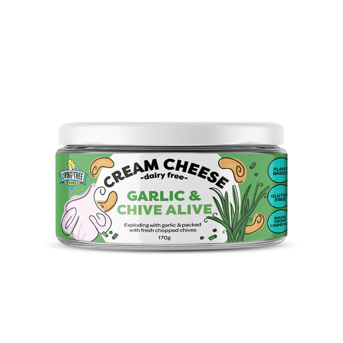 Living Tree Foods Dairy Free Cream Cheese Spread, Garlic & Chive Alive Flavour - Dairy Free, Gluten Free, Plant Based 170g