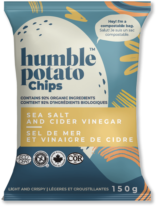 Humble Potato Chips Sea Salt & Cider Vinegar - Gluten Free, Made in Canada, Compostable Bag. 150g