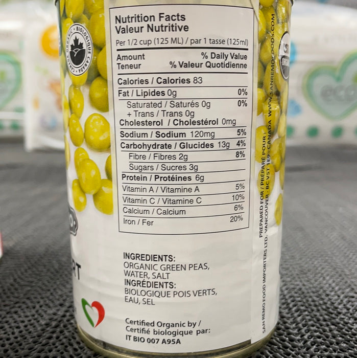 San Remo Green Peas Organic - Vegan, Gluten free, BPA Free, Kosher, No Salt Added 398ml