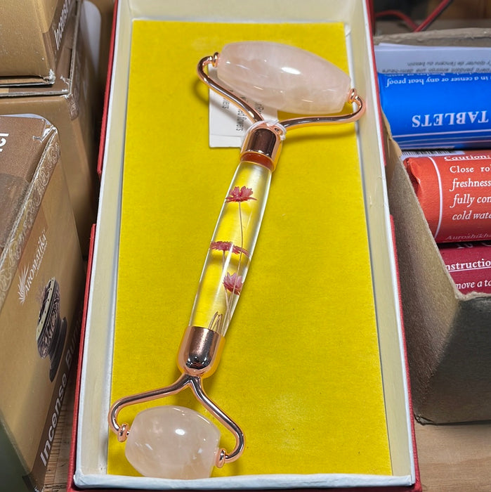 Rose Quartz Massage Roller with Resin Handle and Two Rollers 1each