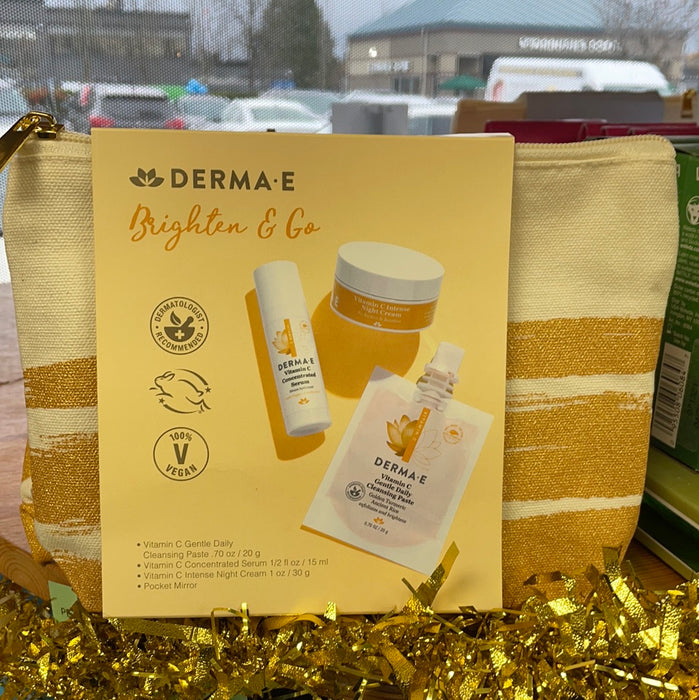 Derma E Brighten & Go Cosmetic Bag - Vitamin C Gentle Daily Cleansing Paste, Vitamin C Serum, Vitamin C Night Cream & Pocket Mirror 1 Kit