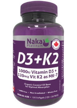 Naka D3 & K2 - 1000IU D3 & 120mcg K2 (MK-7) Organic Coconut Base For Optimal Absorption 300 softgels